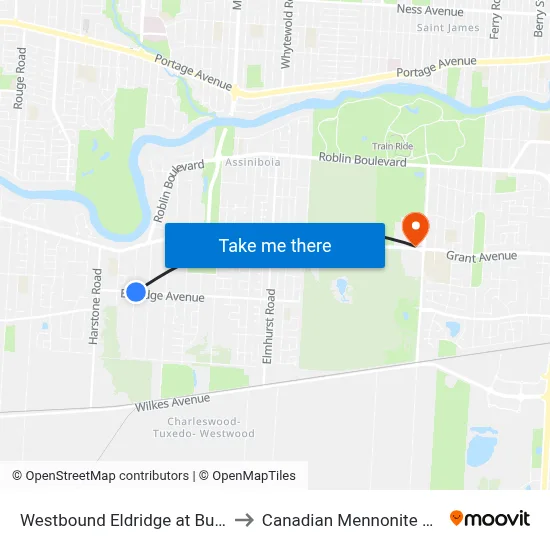 Westbound Eldridge at Buckingham to Canadian Mennonite University map