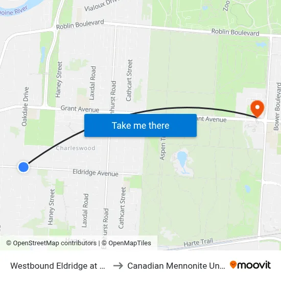 Westbound Eldridge at Oakdale to Canadian Mennonite University map