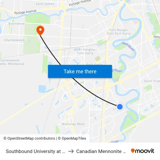 Southbound University at Freedman to Canadian Mennonite University map