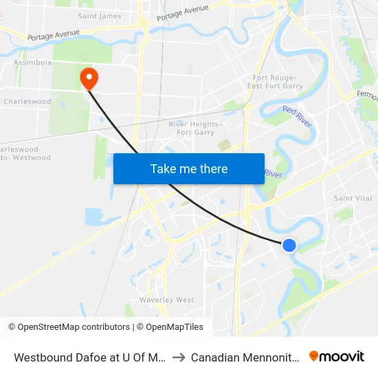 Westbound Dafoe at U Of M Station (Blue) to Canadian Mennonite University map