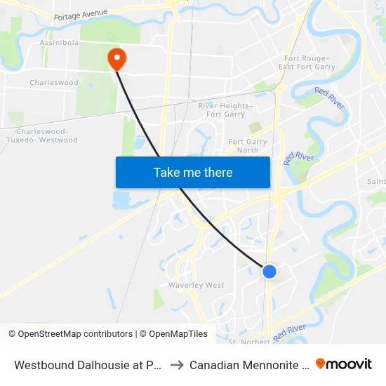 Westbound Dalhousie at Pembina East to Canadian Mennonite University map