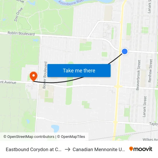 Eastbound Corydon at Carpathia to Canadian Mennonite University map