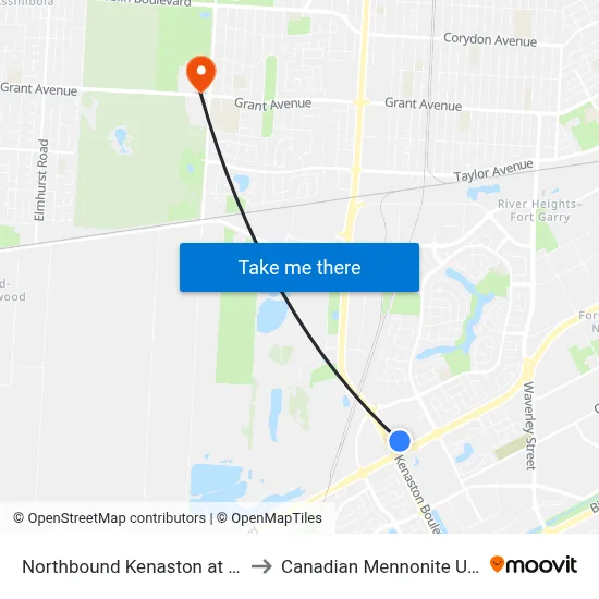 Northbound Kenaston at Wal-Mart to Canadian Mennonite University map