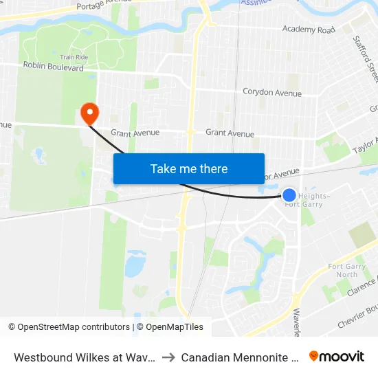 Westbound Wilkes at Waverley West to Canadian Mennonite University map