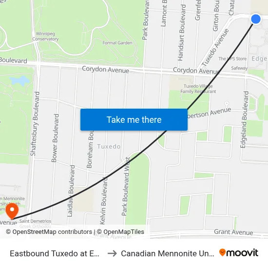 Eastbound Tuxedo at Edgeland to Canadian Mennonite University map