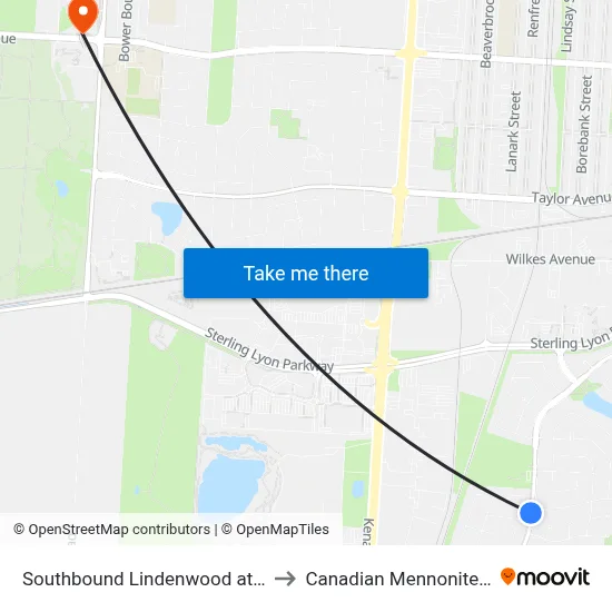Southbound Lindenwood at Marksbridge to Canadian Mennonite University map