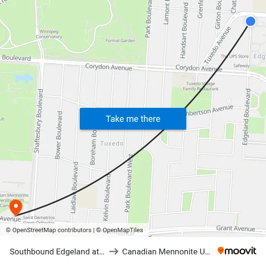 Southbound Edgeland at Tuxedo to Canadian Mennonite University map