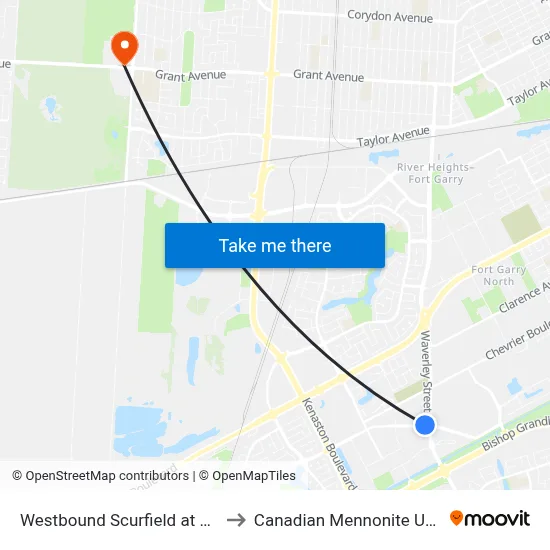 Westbound Scurfield at Waverley to Canadian Mennonite University map