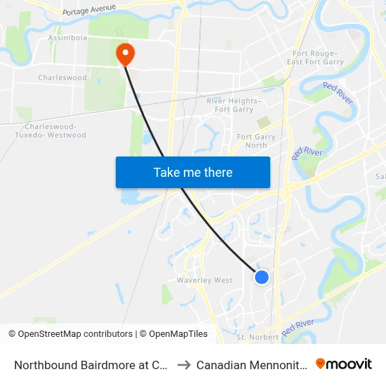 Northbound Bairdmore at Calderwood East to Canadian Mennonite University map
