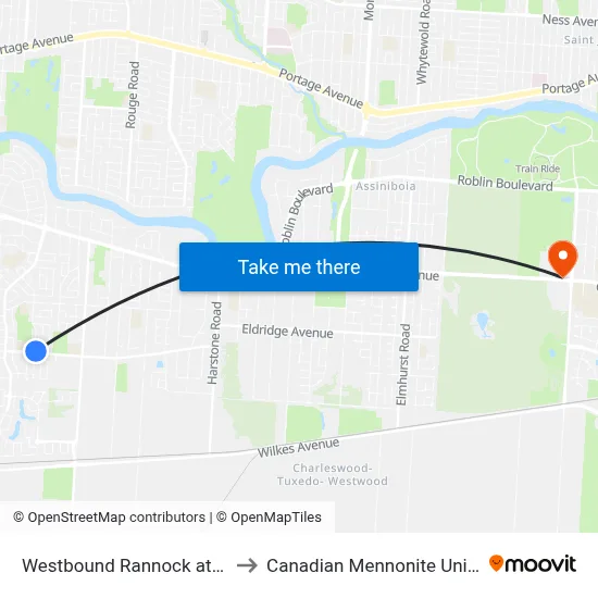 Westbound Rannock at Cullen to Canadian Mennonite University map