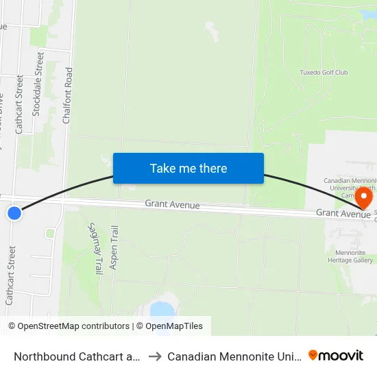 Northbound Cathcart at Grant to Canadian Mennonite University map