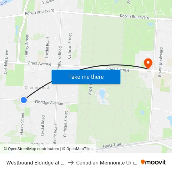 Westbound Eldridge at Haney to Canadian Mennonite University map