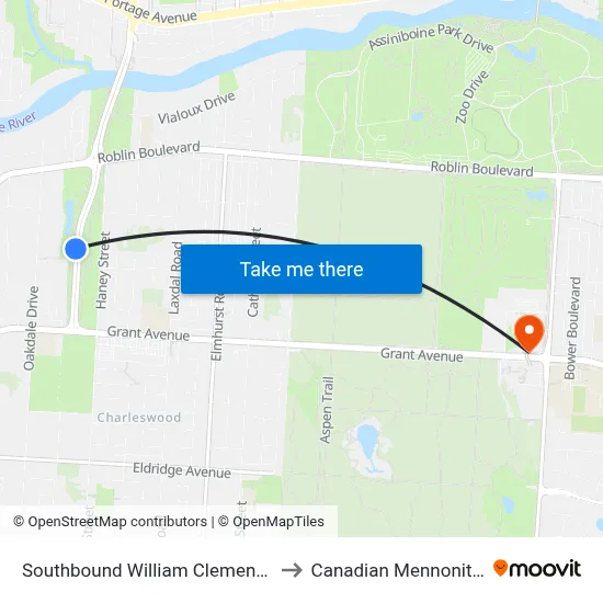 Southbound William Clement at Roblin South to Canadian Mennonite University map