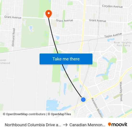 Northbound Columbia Drive at Mcgillivray North to Canadian Mennonite University map