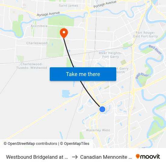Westbound Bridgeland at Clovercrest to Canadian Mennonite University map