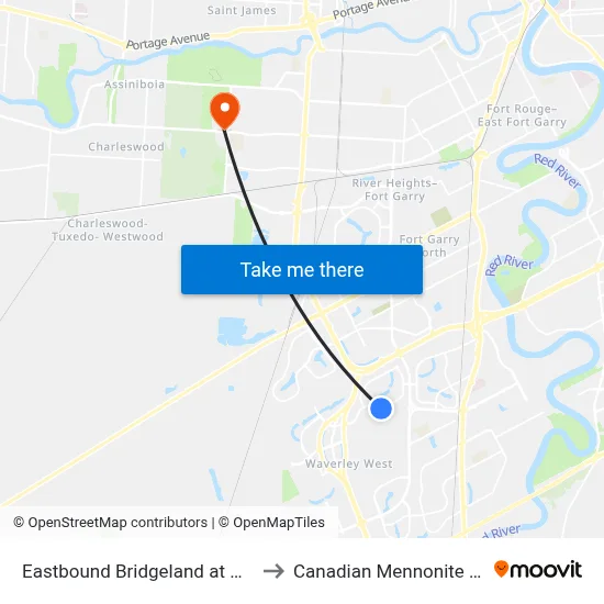 Eastbound Bridgeland at Maple Creek to Canadian Mennonite University map