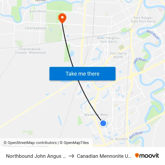 Northbound John Angus at Tellier to Canadian Mennonite University map