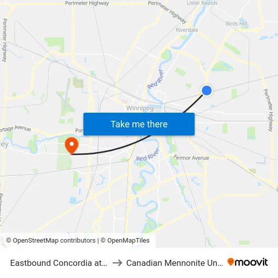 Eastbound Concordia at Peguis to Canadian Mennonite University map