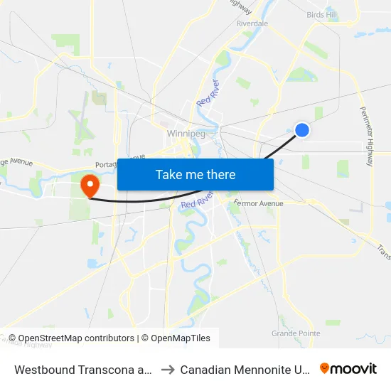 Westbound Transcona at Plessis to Canadian Mennonite University map