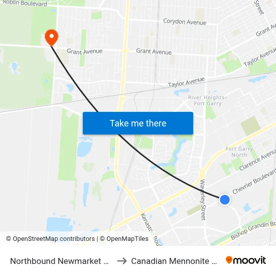 Northbound Newmarket at Chevrier to Canadian Mennonite University map