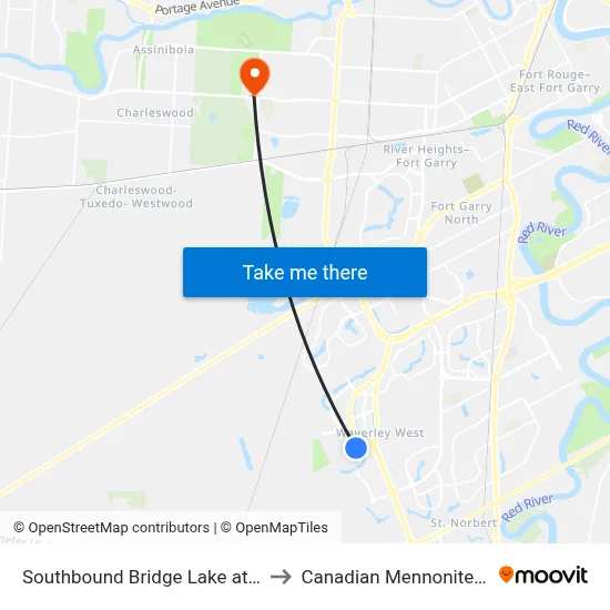 Southbound Bridge Lake at South Town to Canadian Mennonite University map
