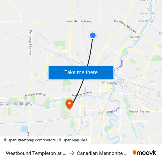 Westbound Templeton at Bitterfield to Canadian Mennonite University map