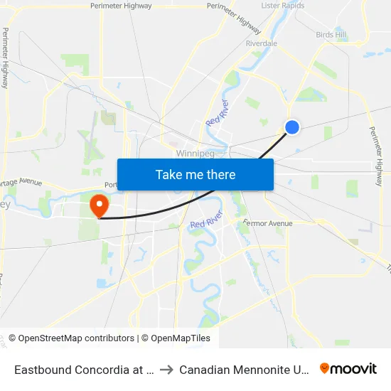 Eastbound Concordia at Pinetop to Canadian Mennonite University map