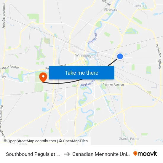 Southbound Peguis at Regent to Canadian Mennonite University map