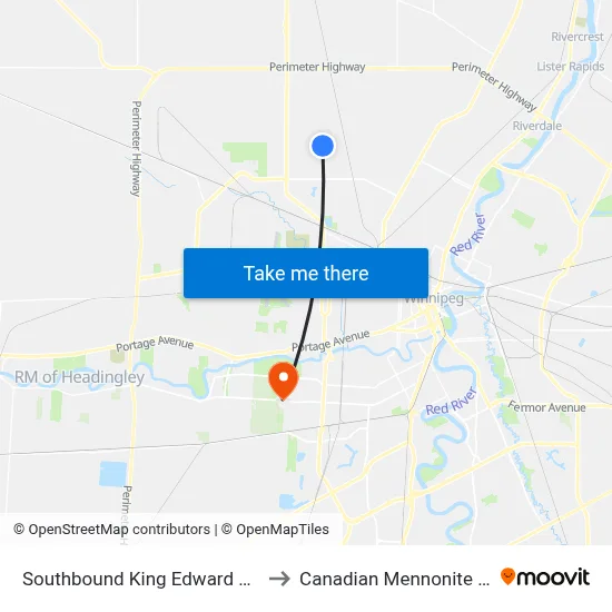 Southbound King Edward at Coalstone to Canadian Mennonite University map