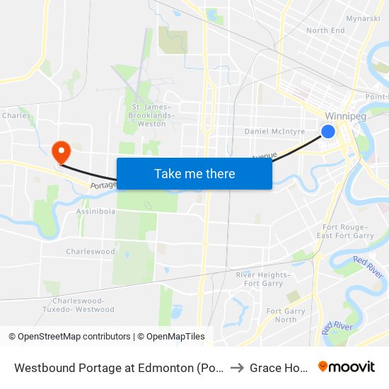 Westbound Portage at Edmonton (Portage Place) to Grace Hospital map