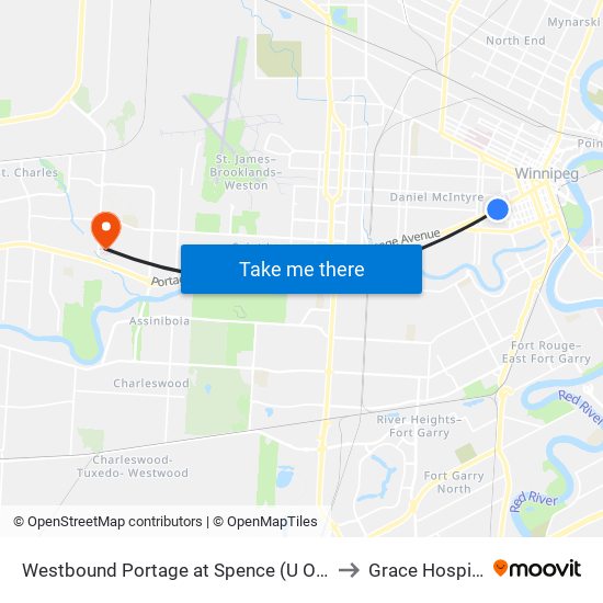 Westbound Portage at Spence (U Of W) to Grace Hospital map