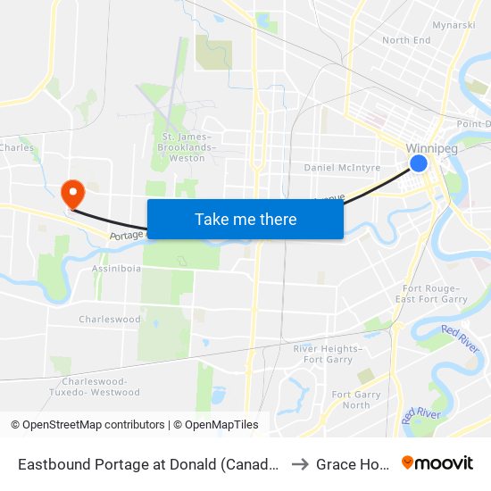 Eastbound Portage at Donald (Canada Life Centre) to Grace Hospital map