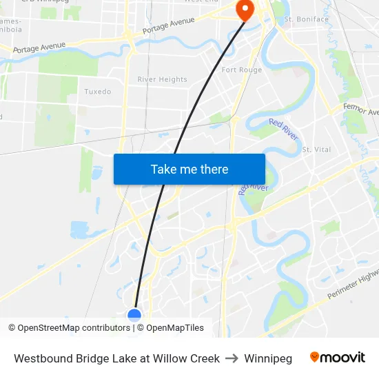 Westbound Bridge Lake at Willow Creek to Winnipeg map