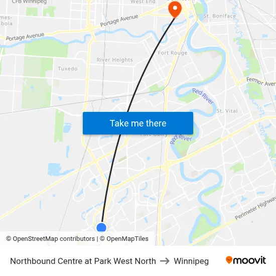 Northbound Centre at Park West North to Winnipeg map