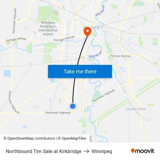 Northbound Tim Sale at Kirkbridge to Winnipeg map