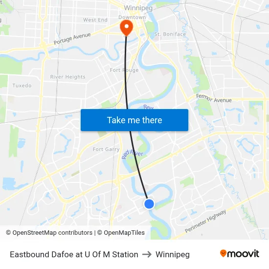 Eastbound Dafoe at U Of M Station to Winnipeg map