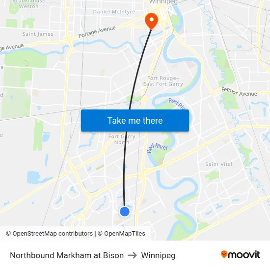 Northbound Markham at Bison to Winnipeg map