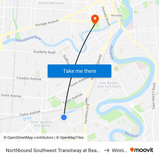 Northbound Southwest Transitway at Beaumont Station to Winnipeg map