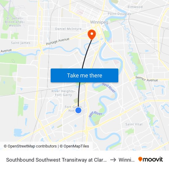 Southbound Southwest Transitway at Clarence Station to Winnipeg map