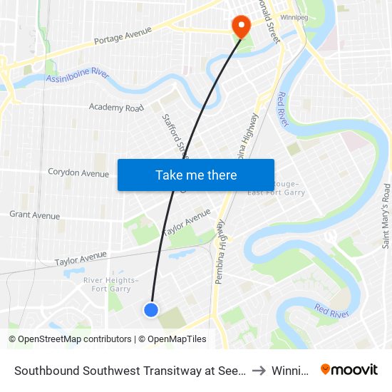 Southbound Southwest Transitway at Seel Station to Winnipeg map