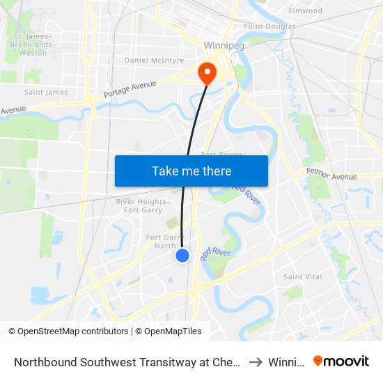 Northbound Southwest Transitway at Chevrier Station to Winnipeg map