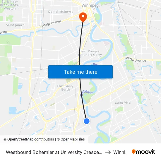 Westbound Bohemier at University Crescent to Winnipeg map