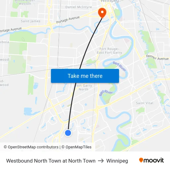 Westbound North Town at North Town to Winnipeg map