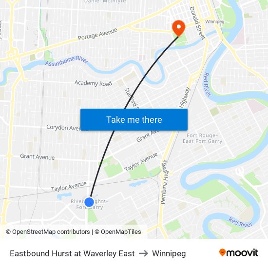 Eastbound Hurst at Waverley East to Winnipeg map