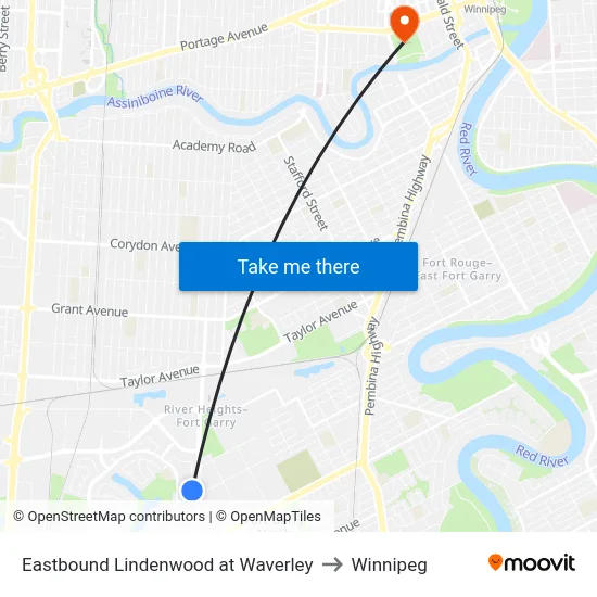 Eastbound Lindenwood at Waverley to Winnipeg map
