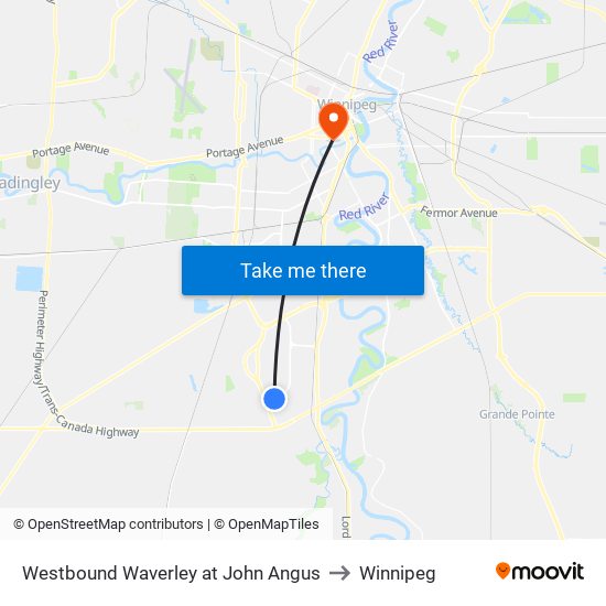 Westbound Waverley at John Angus to Winnipeg map