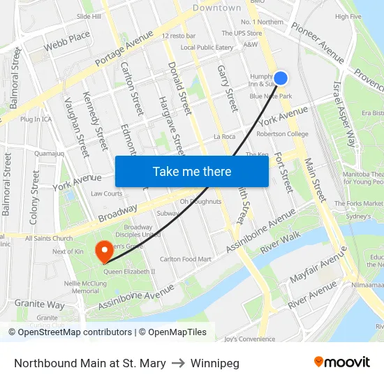 Northbound Main at St. Mary to Winnipeg map