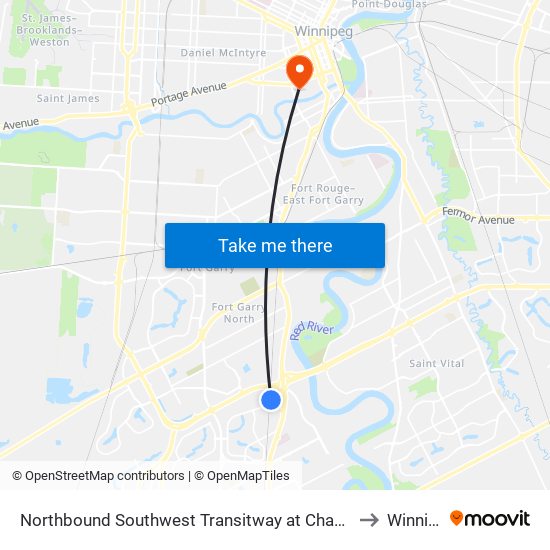 Northbound Southwest Transitway at Chancellor Station to Winnipeg map