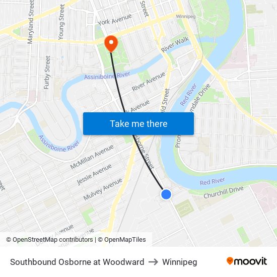 Southbound Osborne at Woodward to Winnipeg map