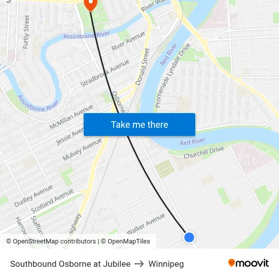 Southbound Osborne at Jubilee to Winnipeg map